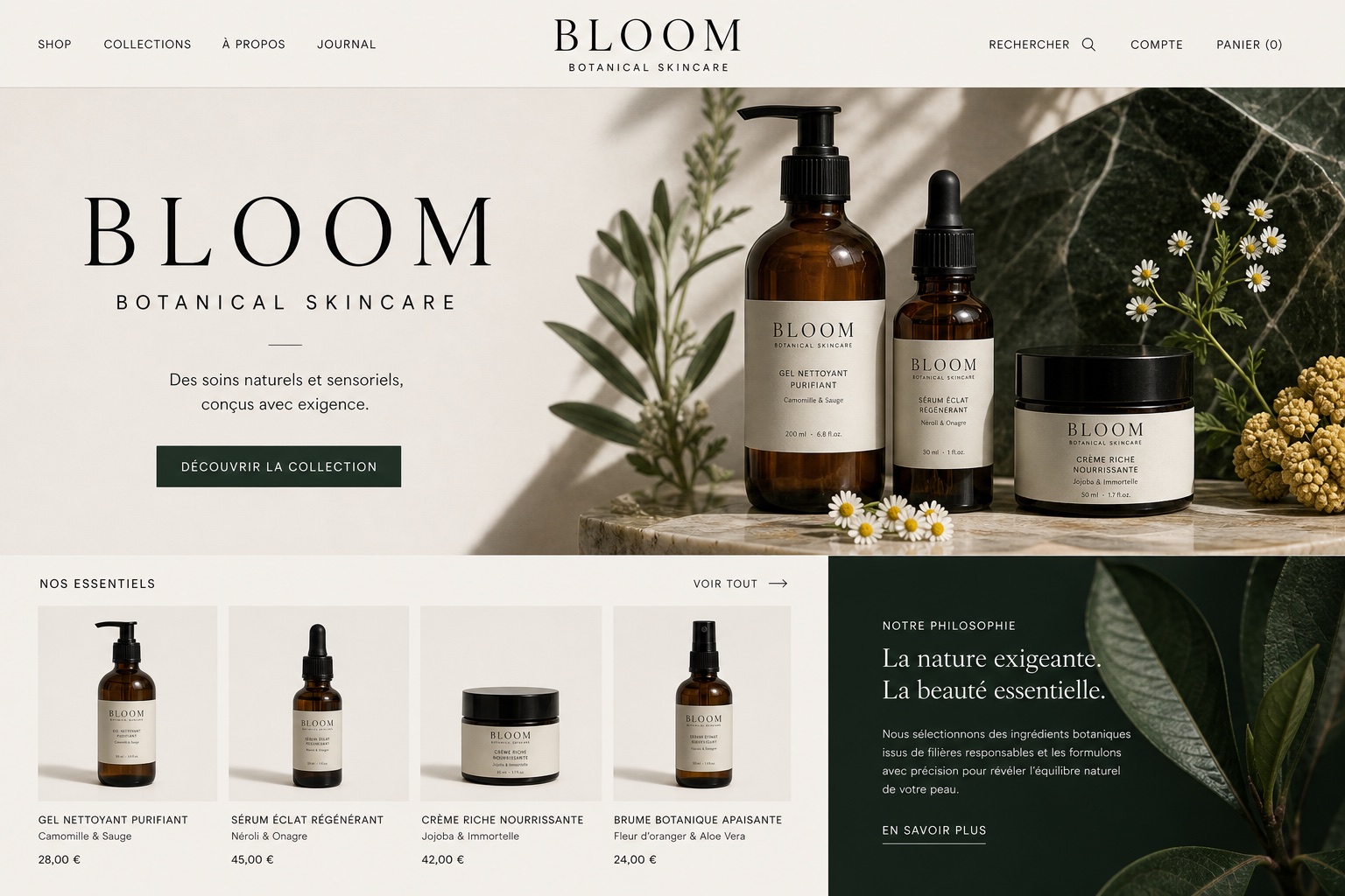 Maquette e-commerce Bloom Skincare