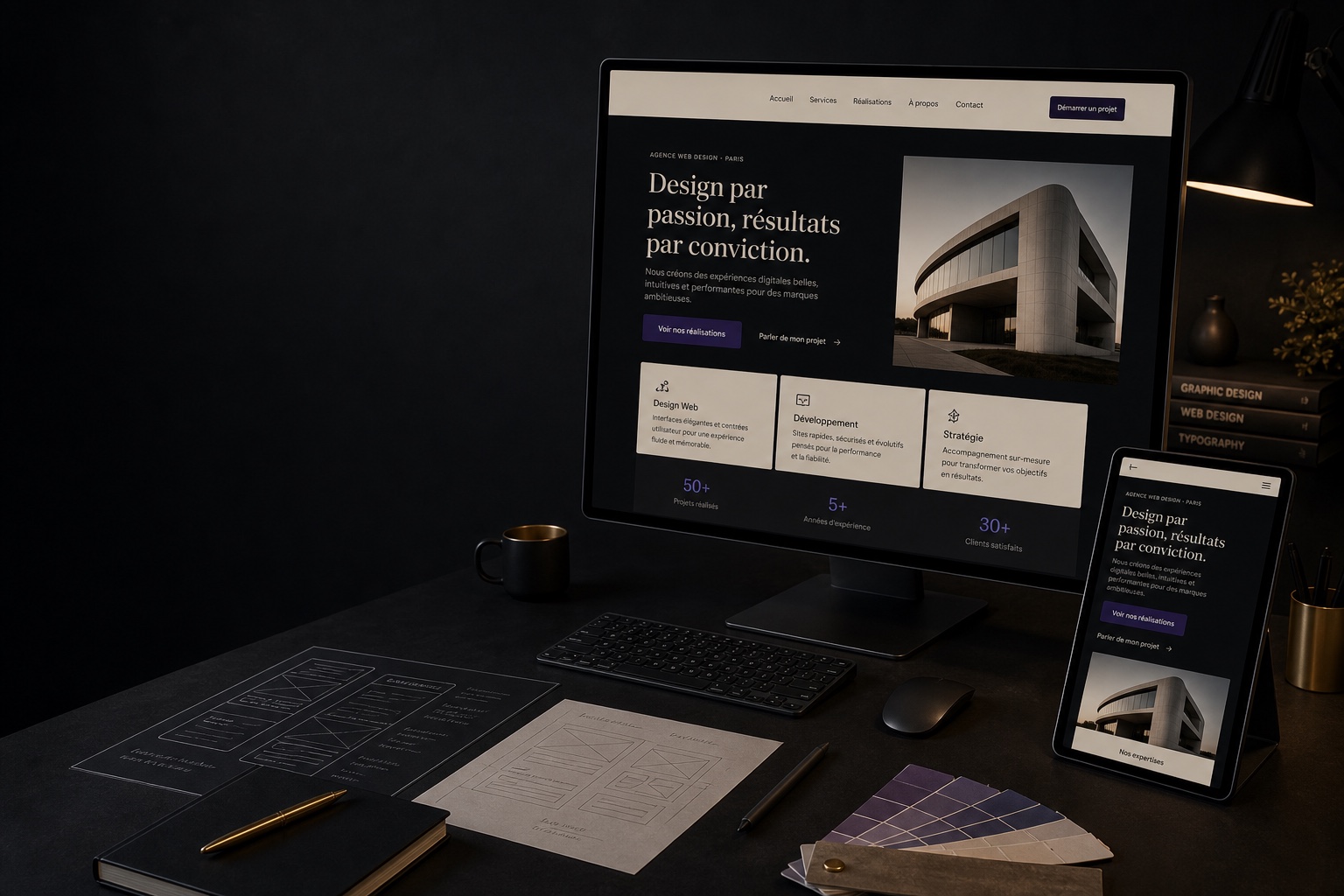 Espace de conception web SerenityWeb avec maquettes sur ordinateur et tablette